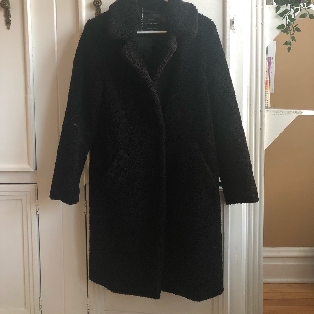 Black Plush Faux Fur Coat